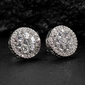 Large Hip Hop Round Flower Cluster White Gold Sterling Silver Men Stud Earrings